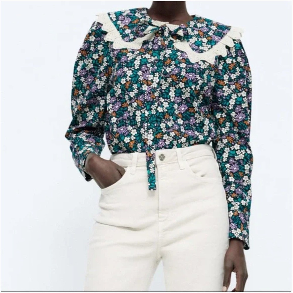 Zara Floral Long-Sleeve Blouse with Lace Collar - Teal, Purple, White